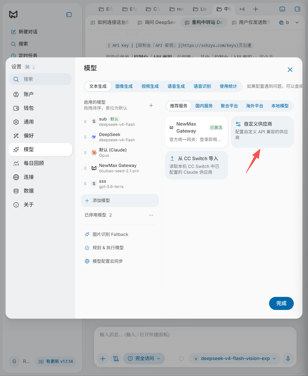 NewMax 设置 → 模型：选「自定义供应商」