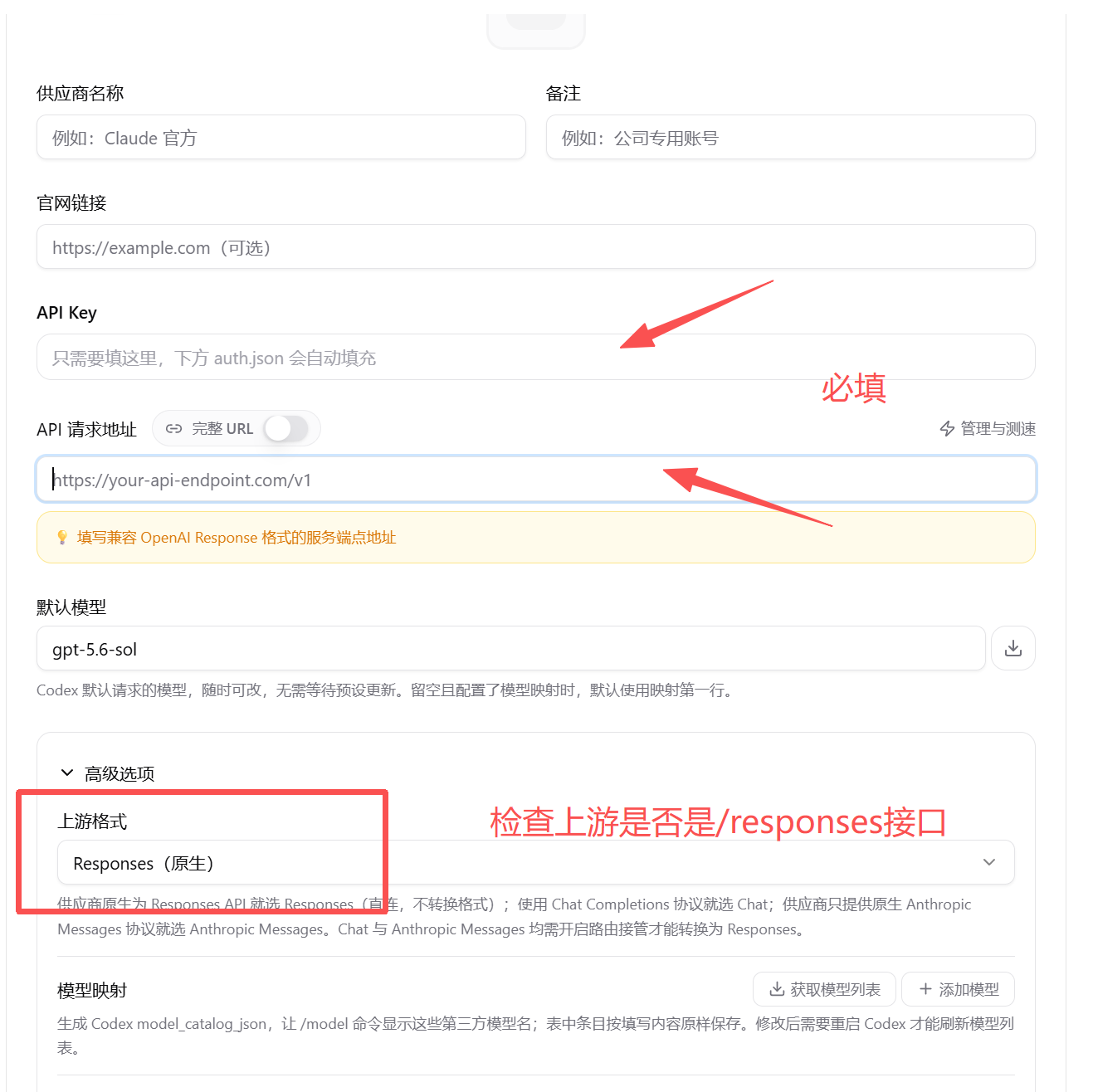 填写表单:API Key 与请求地址是必填项